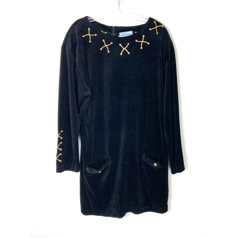 Bloomingdale's Vtg. Shift Mini Dress Size M-L Black Velvet Gold Detail Back Zip